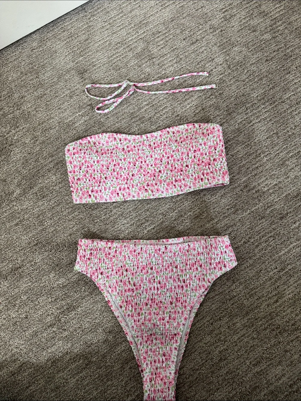 SHEIN Pink Floral Smocked Bandeau Bikini Set